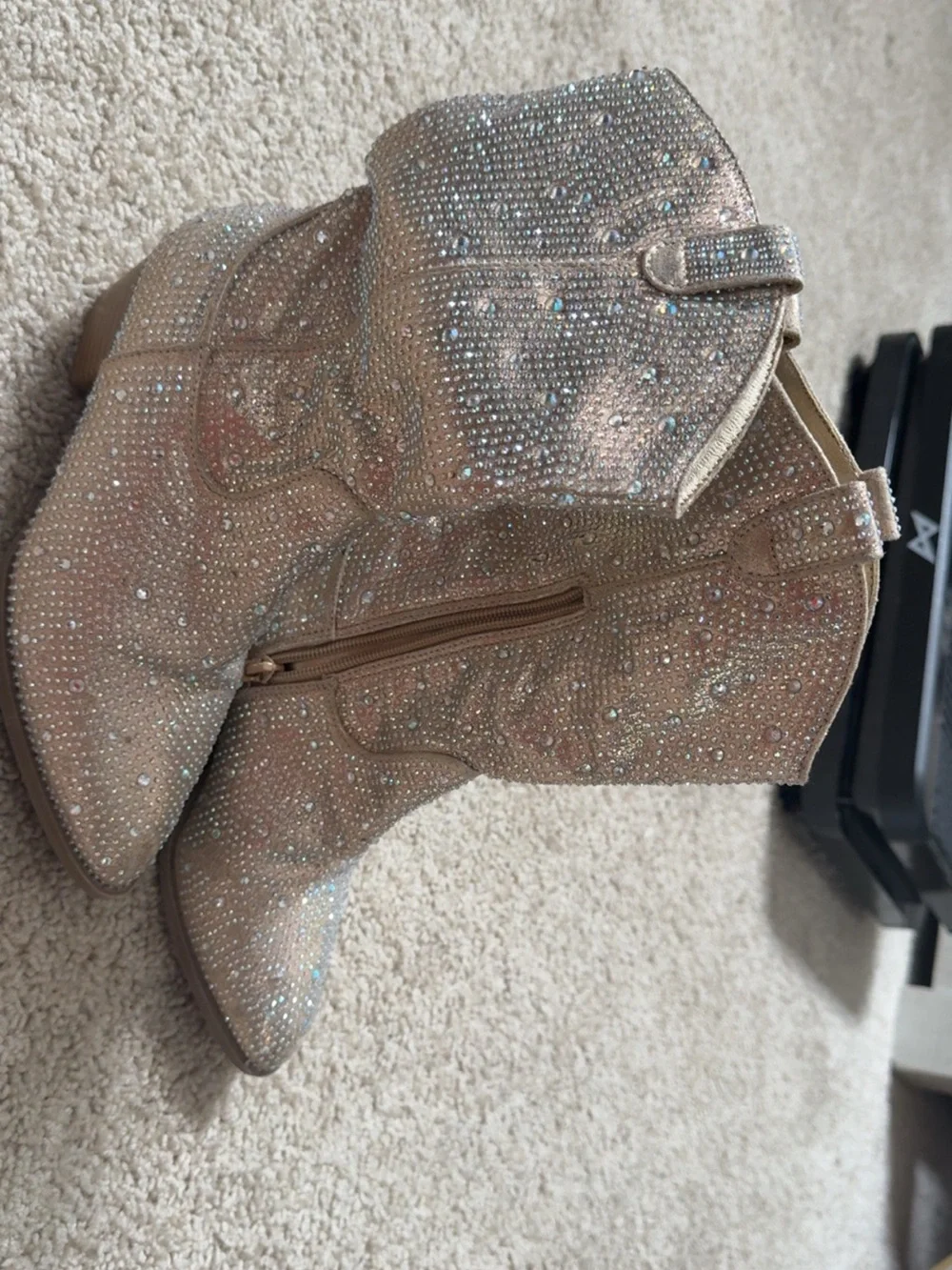 Rhinestone Embellished Beige Western Ankle Boots - Girls